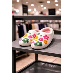 Floral Pattern Plush Slippers Green Pink Orange White 9.5-10